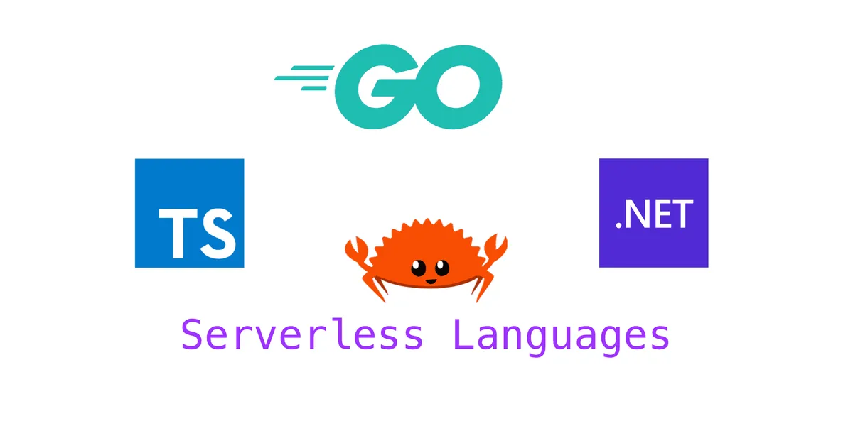 The Ferris the Crab, along with the logos for TypeScript, .NET, and Go, sit above the text 'Serverless Languages'.