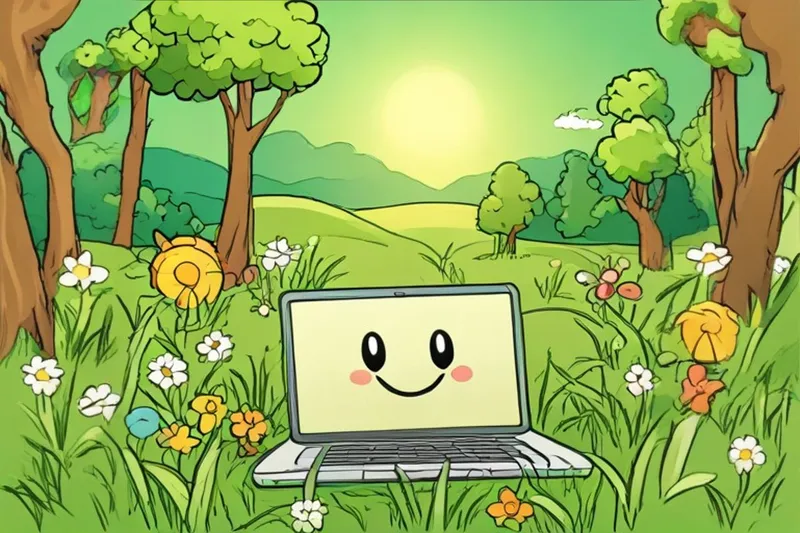 A happy little cartoon laptop surrounded by trees and flowers